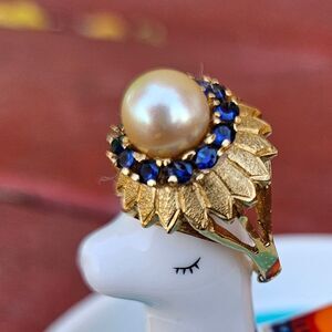Estate 14k Gold Pearl and Blue Gemstone Ring